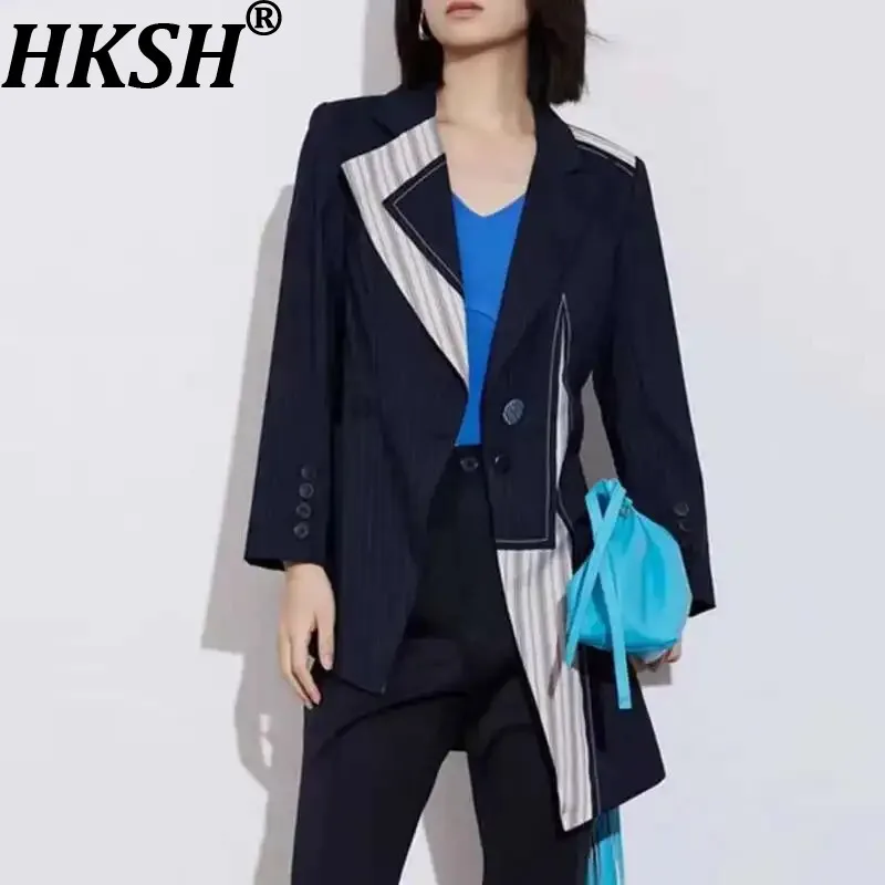 HKSH Women Chic Blazer Asymmetric Striped Patchwork Waist Cinching Slim Fit Elegant Ins Jacket Office Lady Coat New Spring H2704