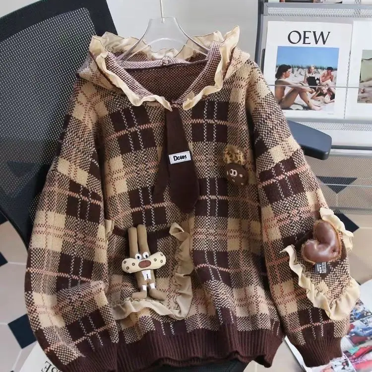 

Очаровательный вязаный утепленный свитер-худи в клетку для осени и зимы, повседневная верхняя одежда с культурным узором, женская модная хлопковая куртка