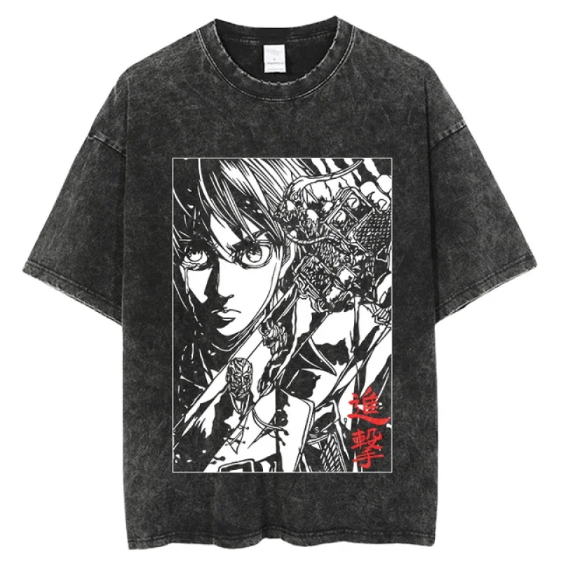 Anime T-Shirt Attack on Titan Washed T Shirt Vintage Eren Yaeger Print Cotton Casual Short Sleeve Daily Unisex Streetwear Tee