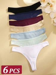 6Pcs/Set Women Cotton G-String Ribbed Panties Female Low Rise Thongs Ladies Sexy Bikini 7 Solid Color Girl Soft S-XL Intimates