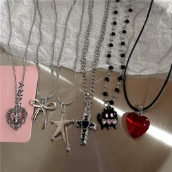 Goth Cute Black Cat Star Cross Bowknot Pendant Beaded Chain Necklace For Women Girl Charm Y2K Cool 2000s EMO Jewelry Accessories