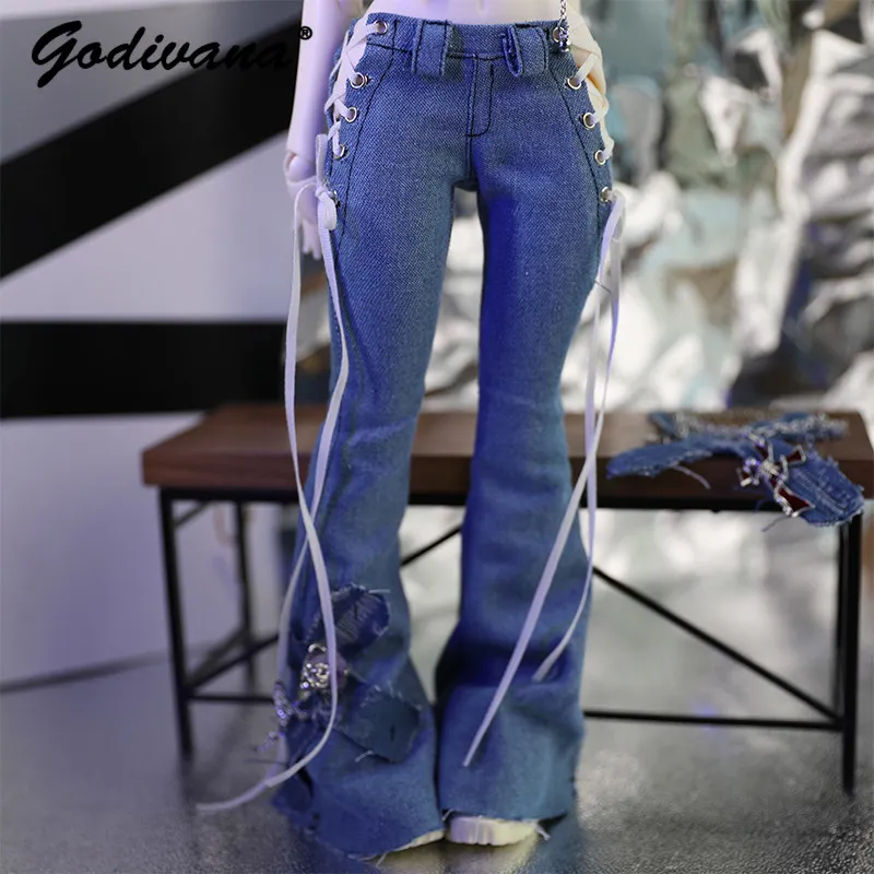 1/4 BJD Y2K Subculture Denim Outfit Set Ripped Denim Crop Tops and Lace-Up Flare Jeans Sweet Hot Girl Streetwear Doll Clothes
