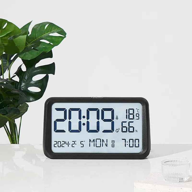 

Large LCD Digital Alarm Clock Temperature Humidity Week Date Display Soft Backlight 2 Alarms 12/24H Table Clock Battery Powered