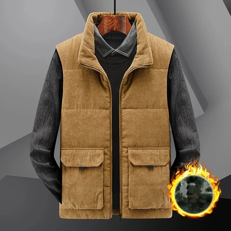 2025 New Men's Winter Corduroy Vest Solid Color Sleeveless Plus Velvet Thicken Warm Waistcoat Stand-Up Collar Work Wear Coat