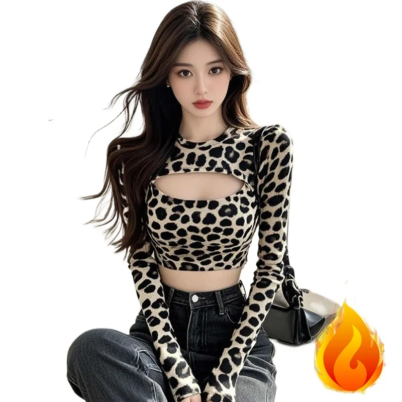 French Design Sense Fashionable Printed Leopard Print German Velvet Thermal Top Long-sleeved T-shirt Women's Exquisite Base