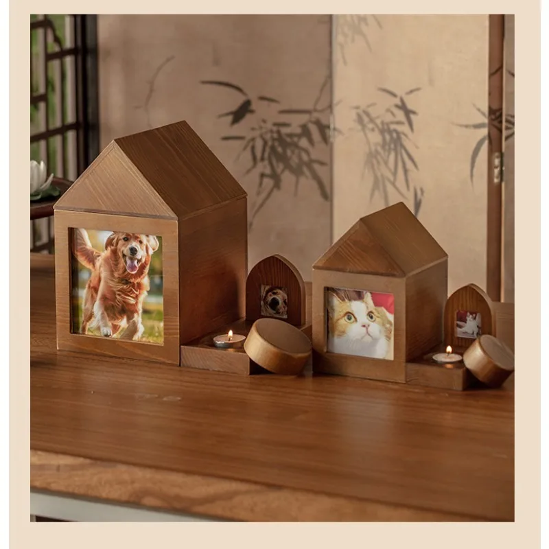 pet memorial House-shaped Pet Ash Box Solid Wood Candle Holder Photo Frame Dogs and Cats Urns cat pet urn