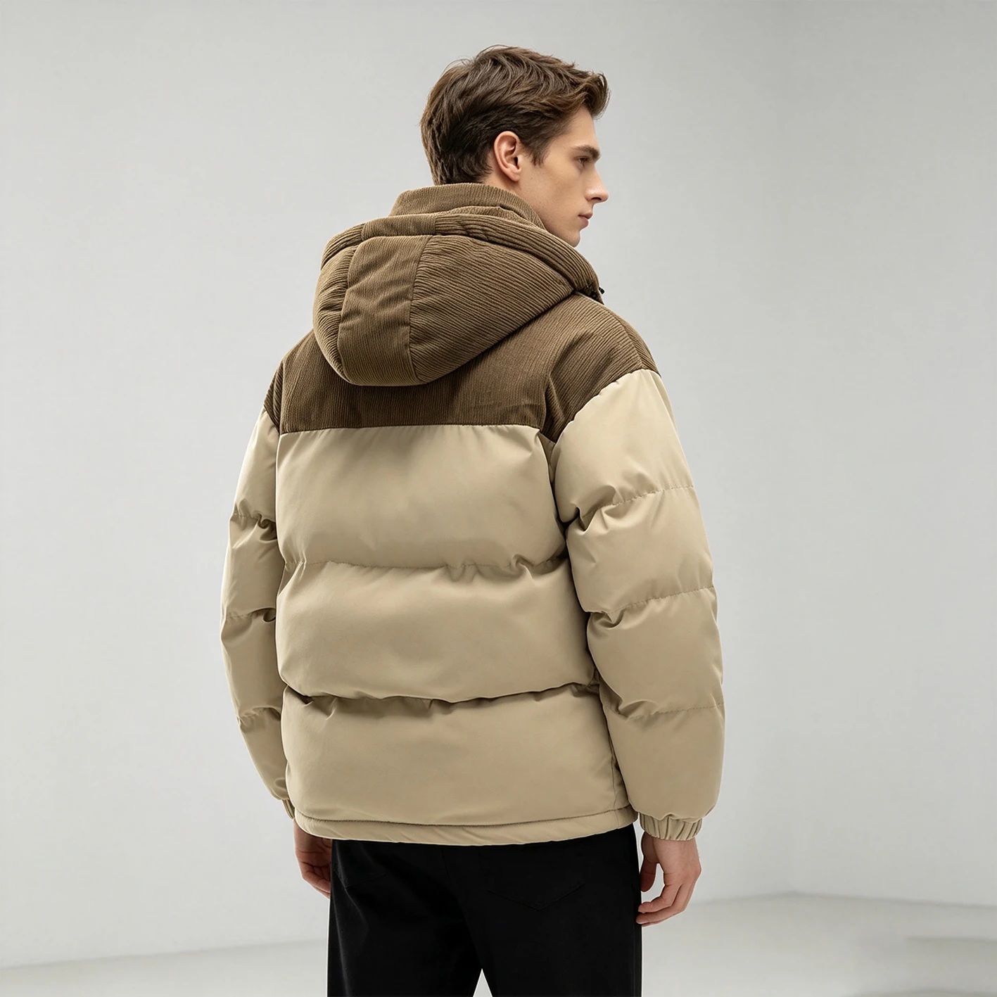 2026  Winter Men Corduroy Spliced Hooded Puffer Jacket Color Block Warm Thick Winter Coat Casual Outerwear