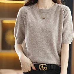 Spring New 100%Pure Wool T-Shirt Ladies Round Neck Knit Short Sleeve Loose Cashmere Sweater Summer Wild Knit Pullover Base Tops