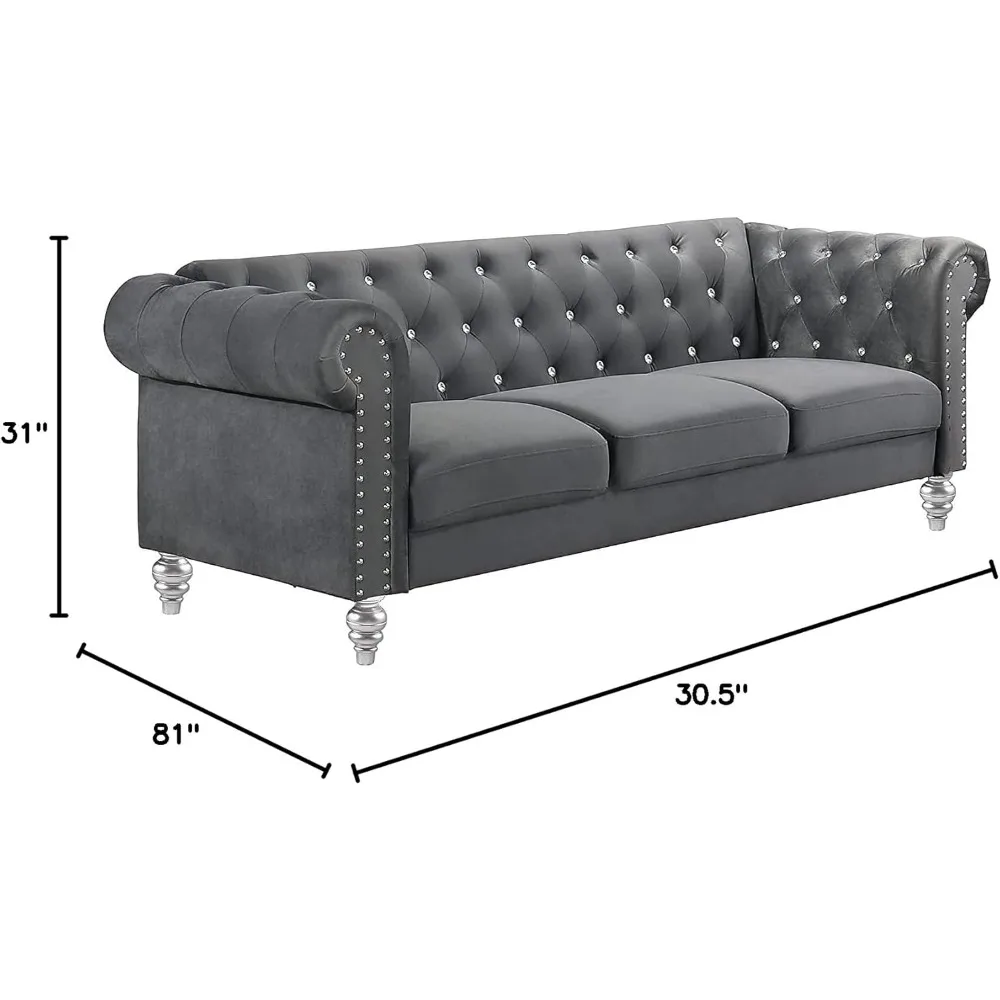 Velvet Three Seater Chesterfield Style Sofa for Small Spaces with Crystal Button Tufts, Gray