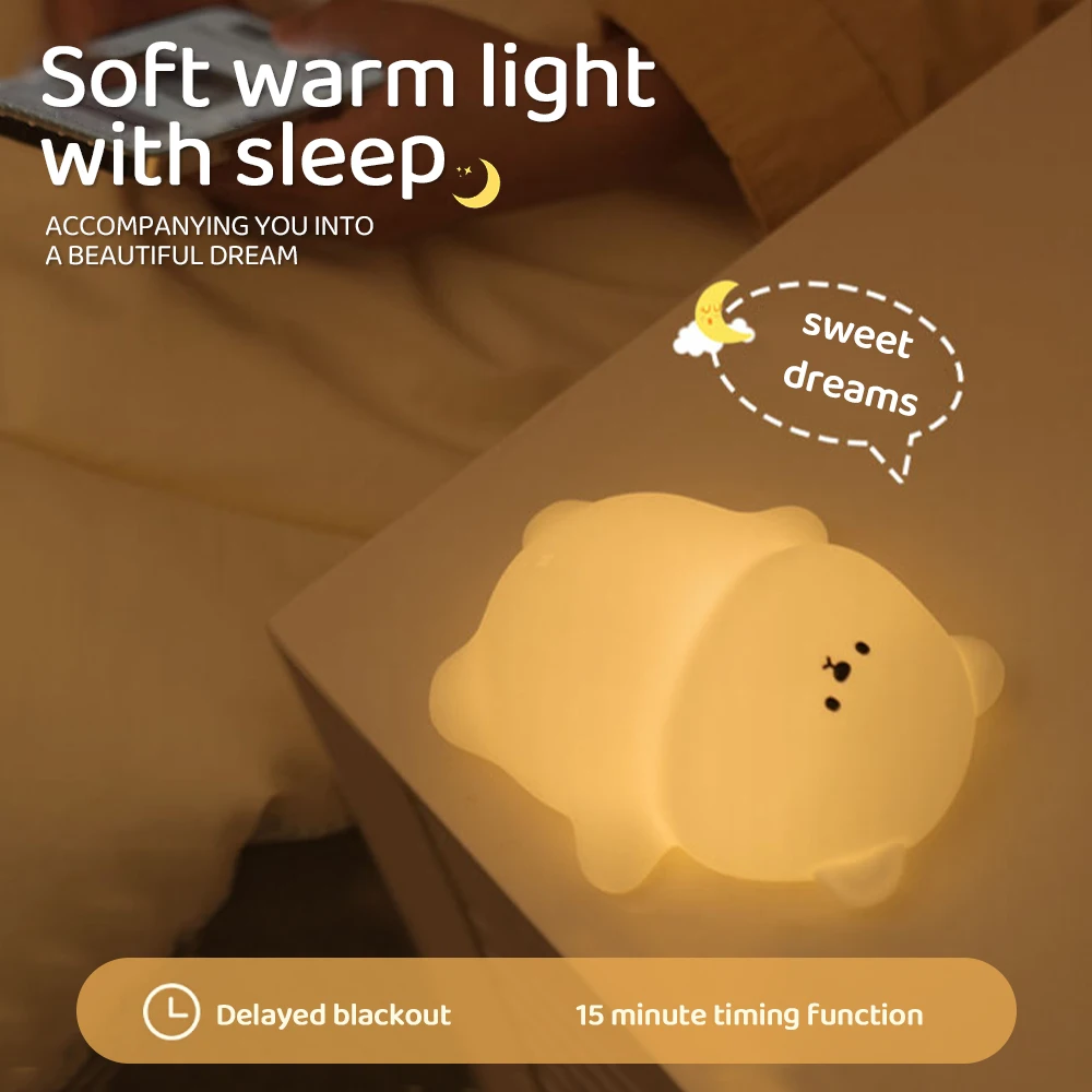 Novelty Lying Bear Night Light 7 Colors Dimmable Kawaii Sleeping Nightlights Touch Control Beside Lamp for Kids Room Decor