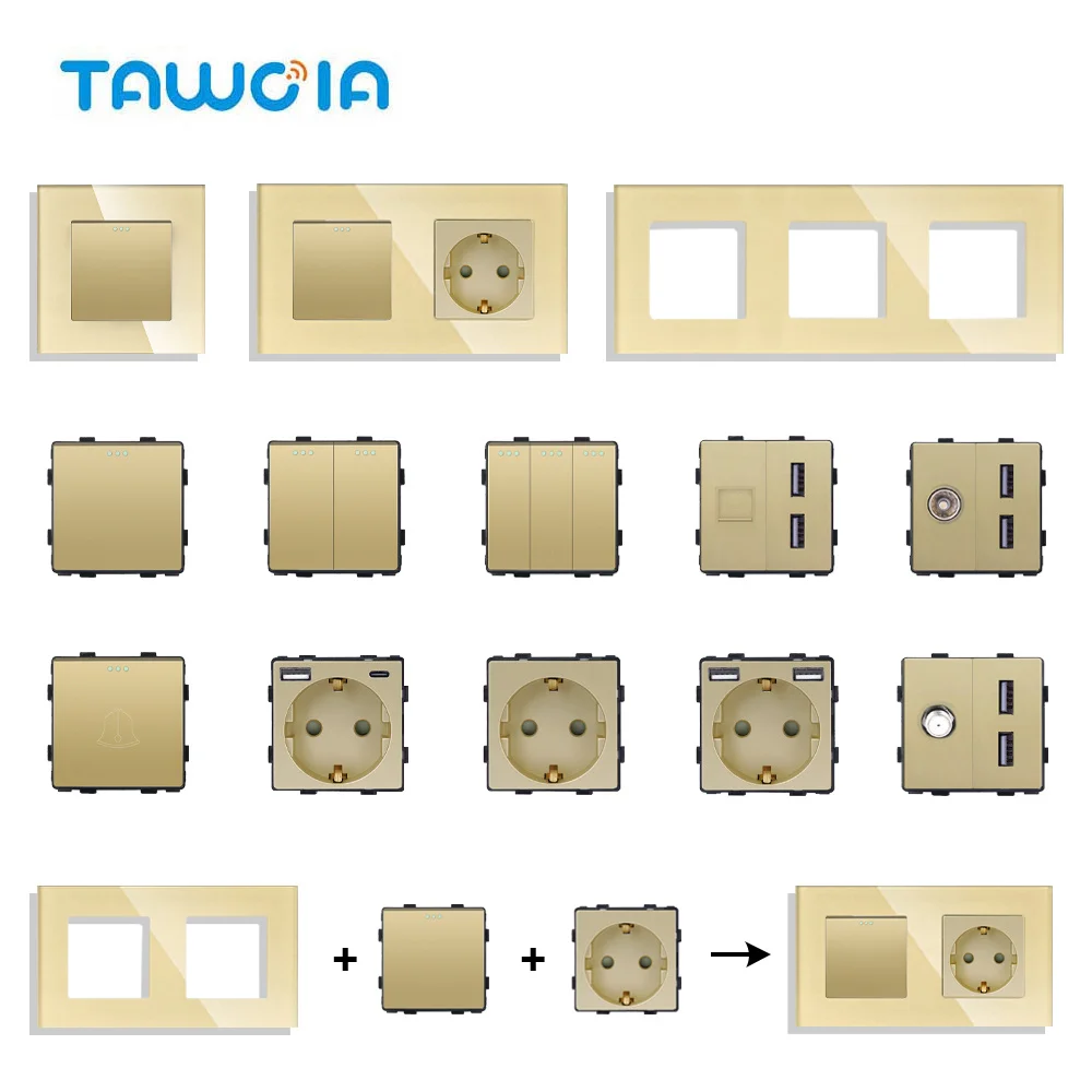 TAWOIA Gold Wall Light Switch Glass Panel Part USB Type-C Sockets Function Part DIY EU CAT6 CAT5 PC TV Socket Power Outlet Parts