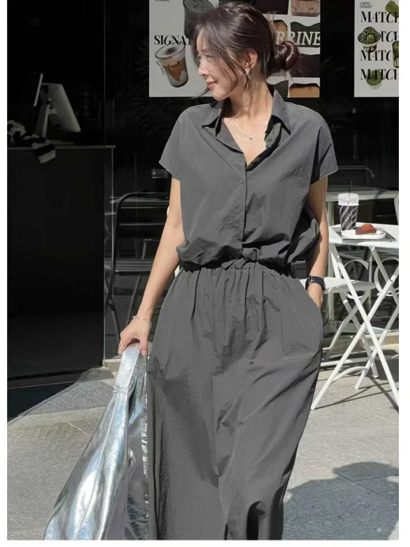 Loose Pure Color Mid-Length Dress Women's Style Summer New Arrival Dongda Gate Elastic Waist Skirt One Step Design Casual Wear
