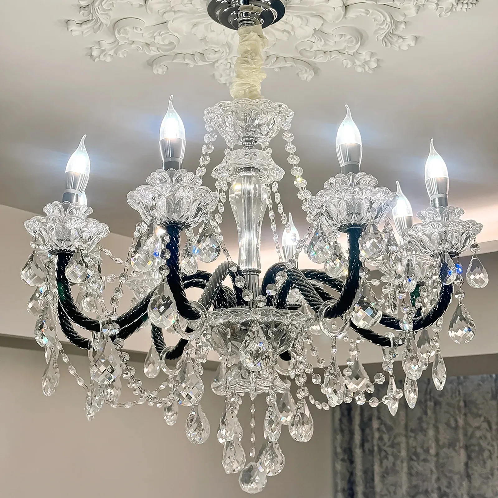 

French Black Glass E14 Candle Chandelier Luxury American Clear Crystal Led Pendant Light Decor Home Indoor Lighting Luminarias