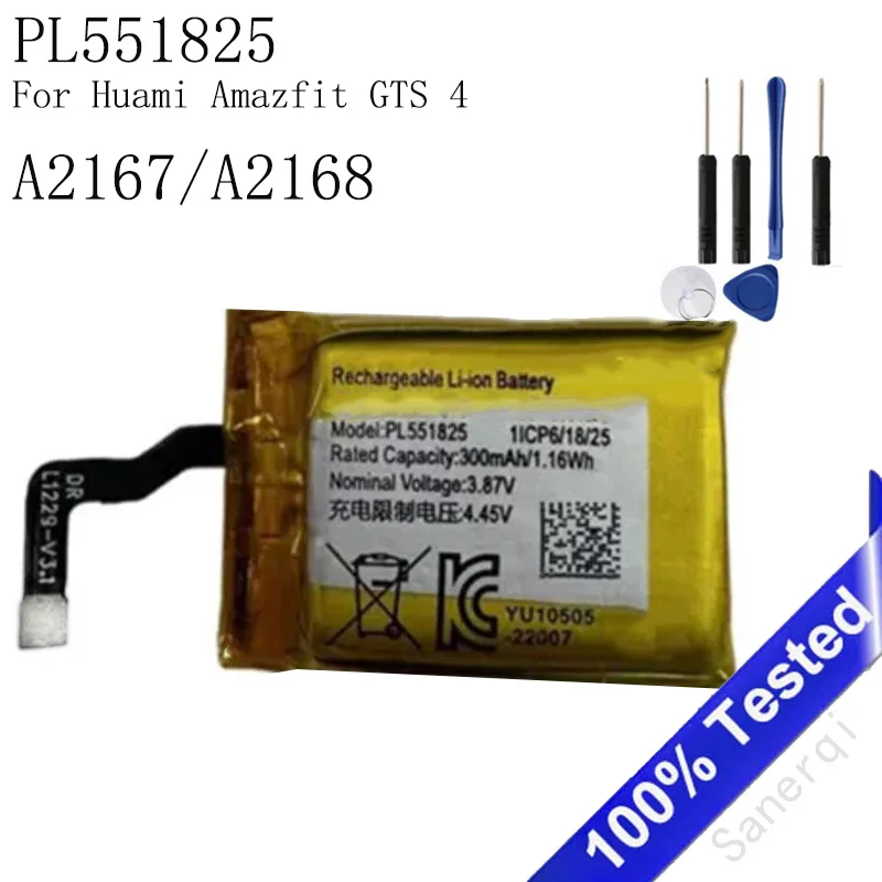 

PL551825 Battery 300mAh For for Huami Amazfit GTS 4 Watch Battery A2167/A2168 EVE PL551825 +Tools