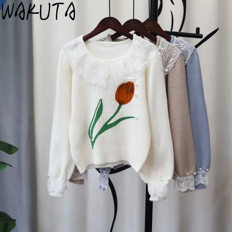 Wakuta-女性用ルーズフローラルセーター、パッチワークレース、メッシュ刺繍、スクエア、クロップトップ、甘いニット、韓国、新しい秋、冬、2022