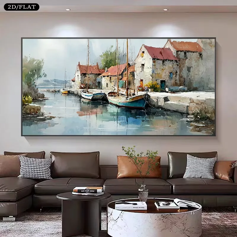 2D Flat, 2D/Flat Printing Large Canvas Painting Depicting a Harbor Scene with Boats and Houses, Measuring 31.49 X 62.99 Inches o
