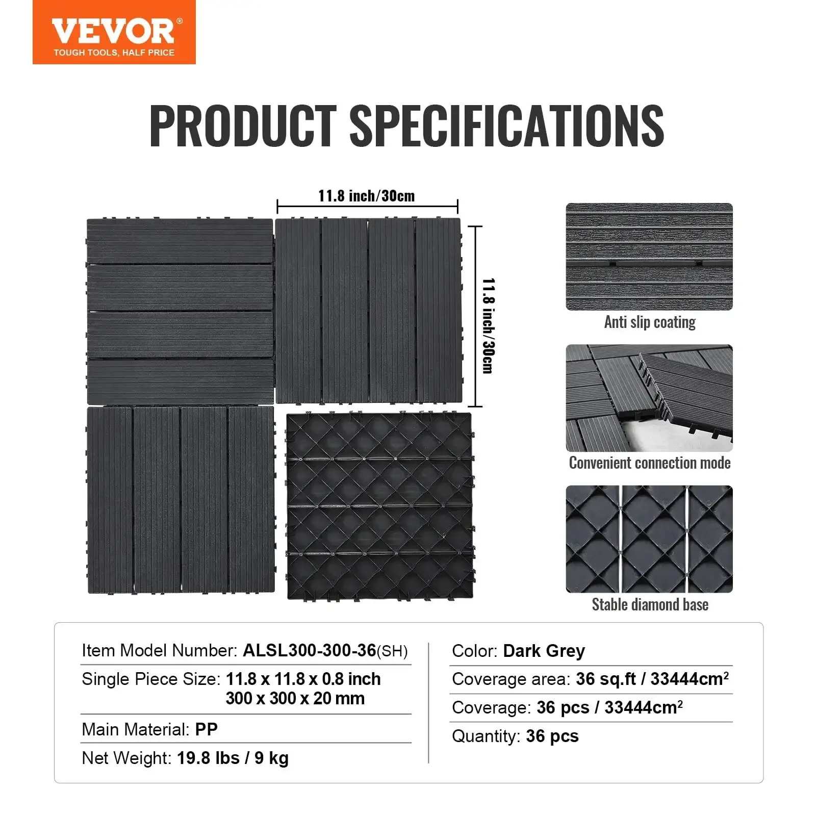 Interlocking Deck Tiles 36 Pack 12"x12" Plastic for Porch Dark Grey
