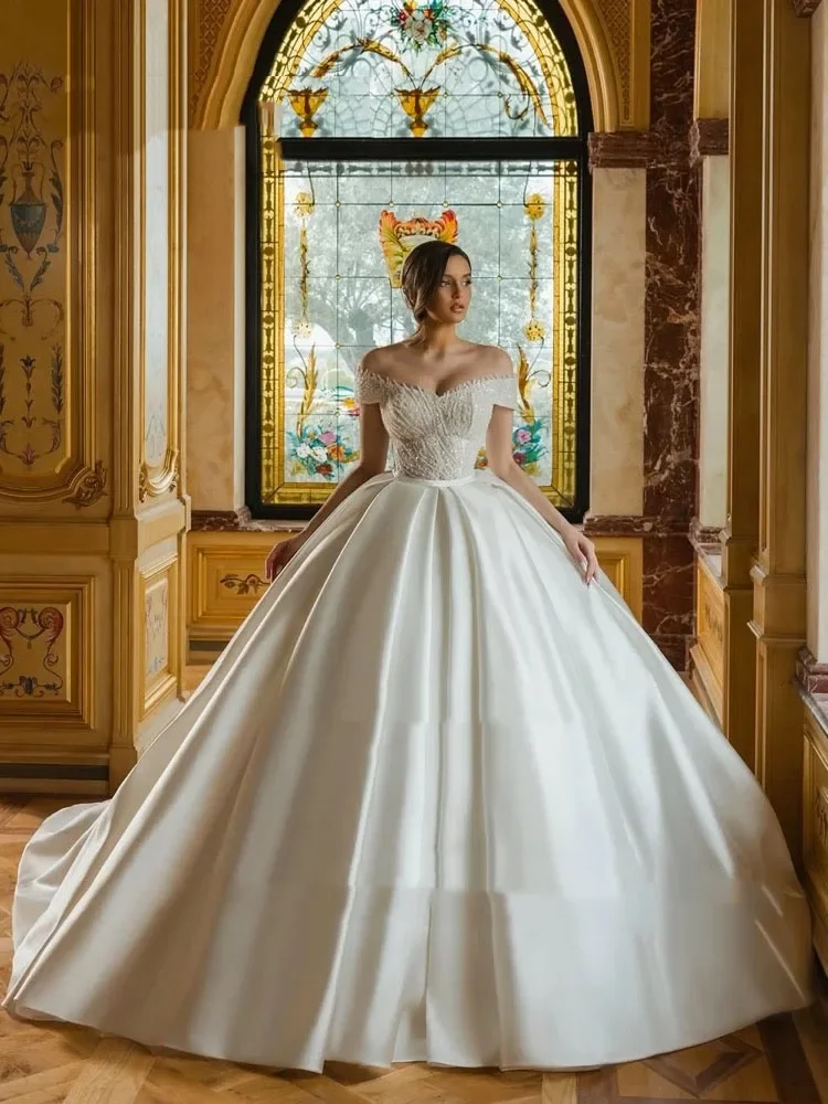 

Flavinke Customized Elegant Beaded Lace Satin Princess Wedding Dresses Off Shoulder Sleeves Ball Gown Bride Gowns Robe de Mariée