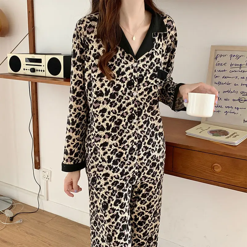 

Spring Autumn Womens Sexy Leopard Pattern Long Sleeve Thin Pajama Set