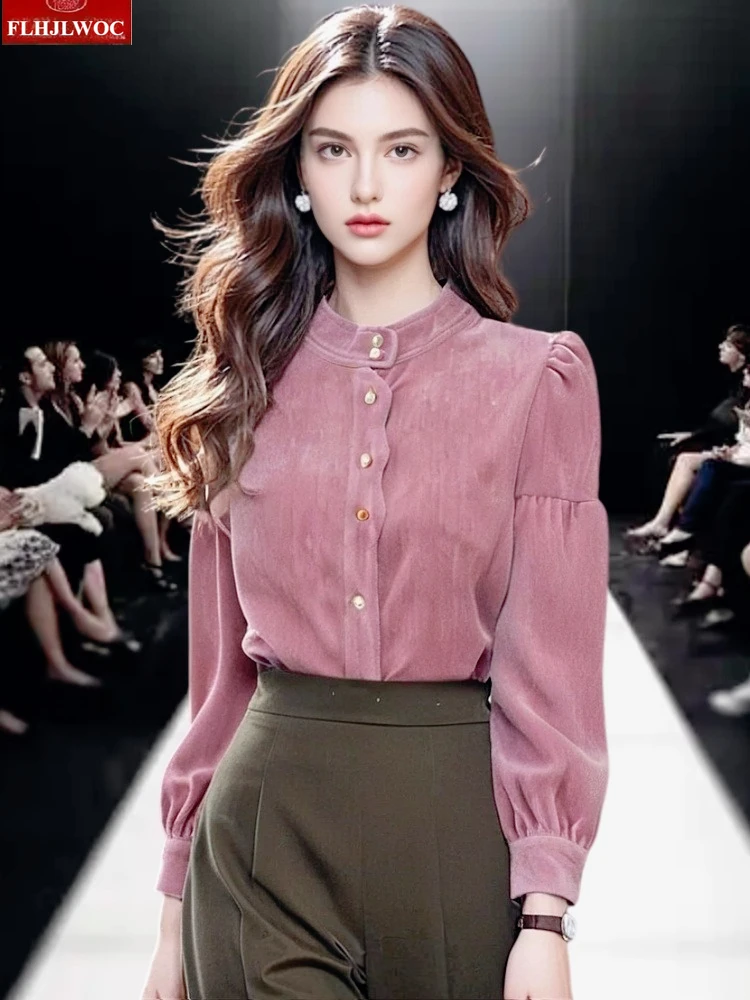 

New Year Beautiful Pink Tops Blouses Fashion European Woman Long Sleeve Button Stand Collar Elegant Retro Vintage Basics Shirts