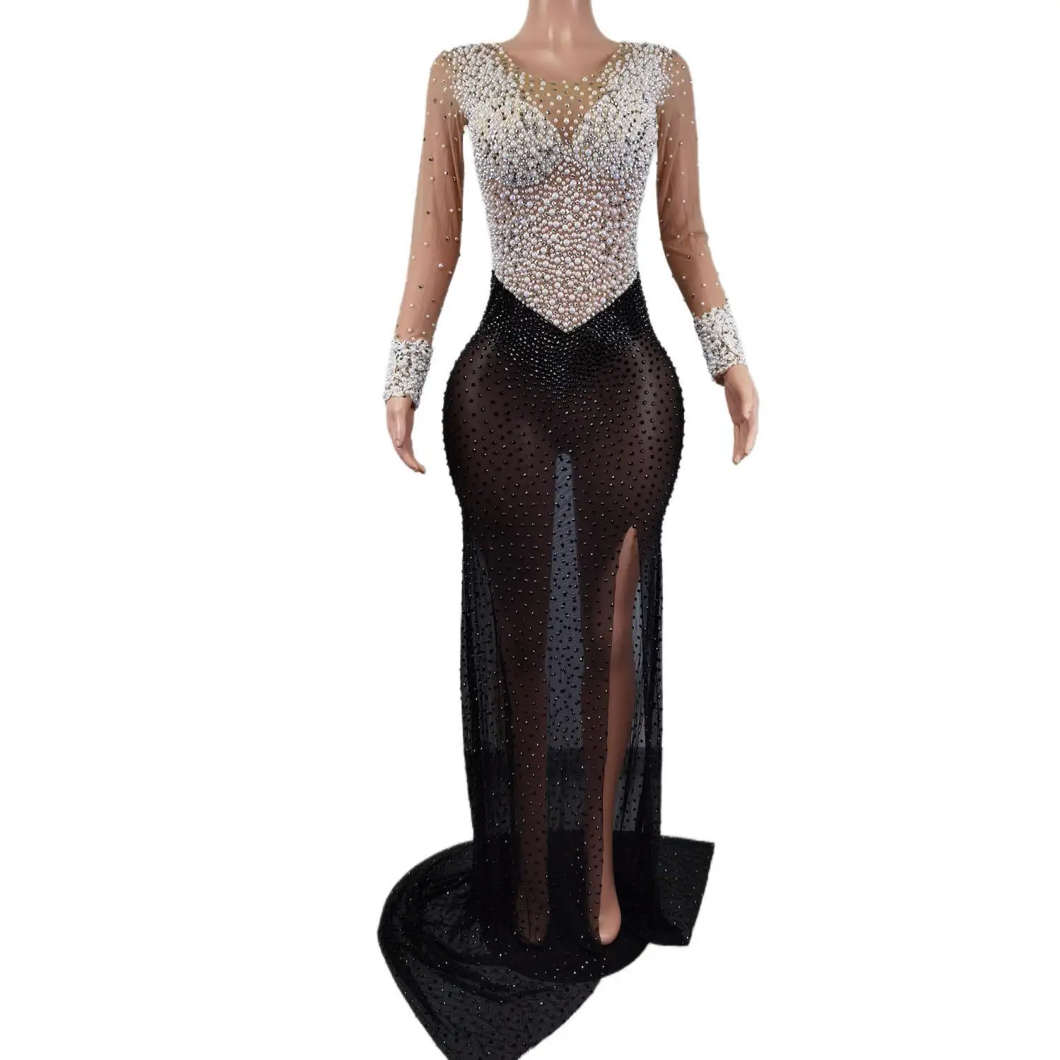 

Unique ablaze Marine White Diamond Pearl Dress Birthday Celebrae Party Banquet Evening Dress Concert Ball Singer Costume Pinhei