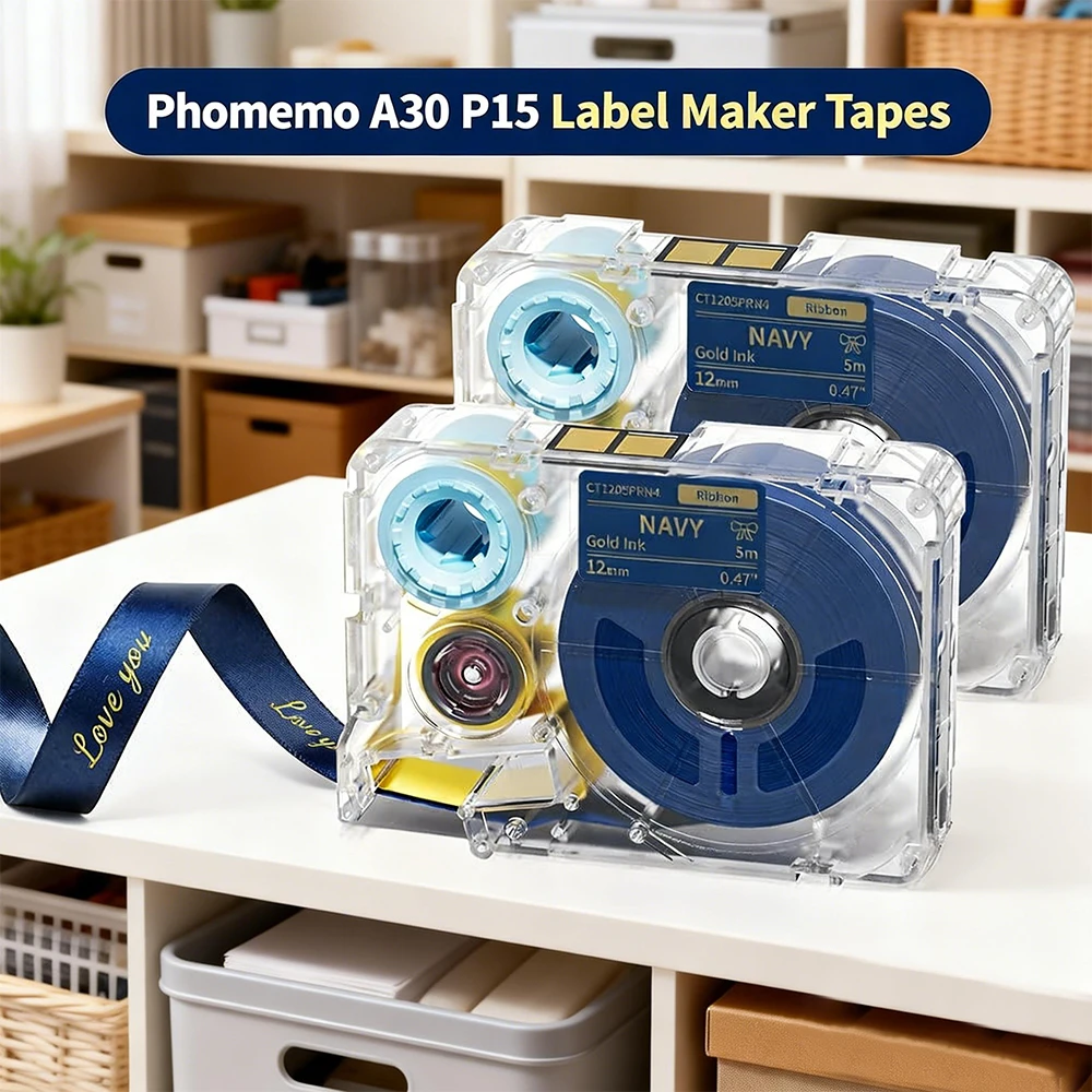 Phomemo A30 P15 Exclusive Gold Print Navy Satin Ribbon 1 Pack, High Quality Fabric Ribbons for Wedding Bouquet Gift Packing