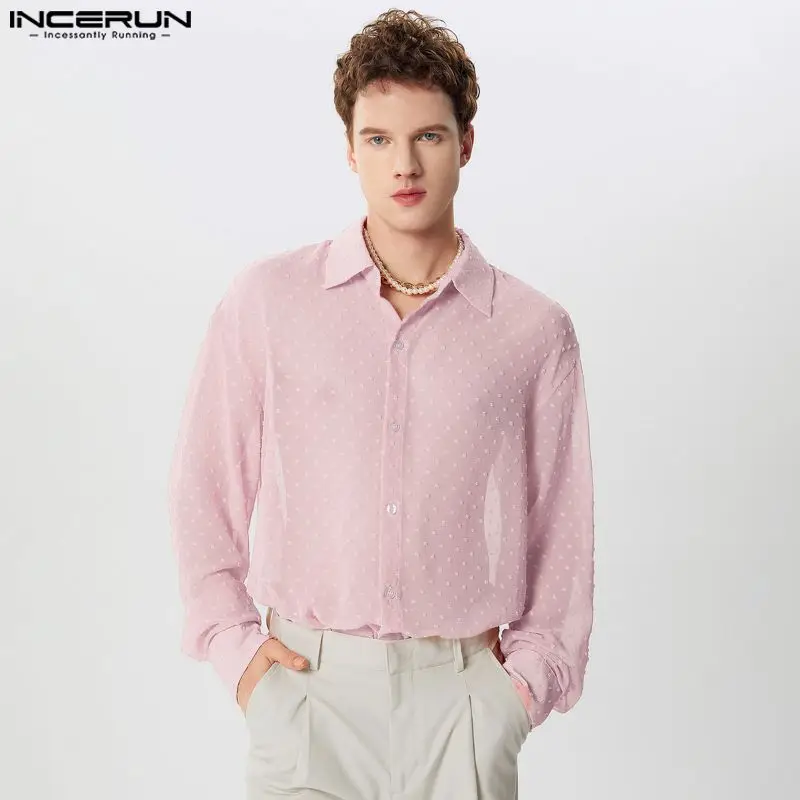 

INCERUN Tops 2024 American Style New Men Perspective Polka Dot Pattern Shirts Stylish Streetwear Thin Long Sleeved Blouse S-5XL