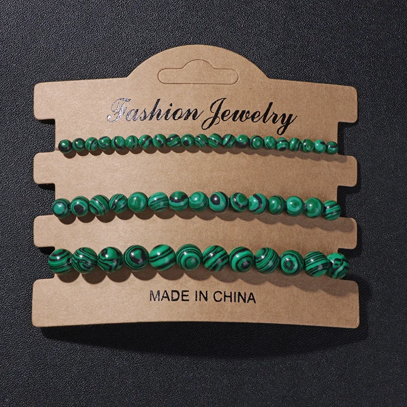 3Pcs/Set Natural Green Malachite Stone Bracelets 4 6 8mm Round Beaded Bracelet for Women Men Elastic Bracelet With Card Bangle