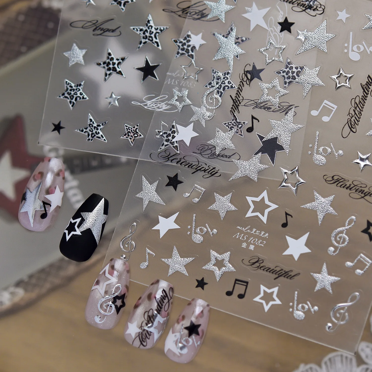 Metallic Texture Stars Musical Nail Sticker Leopard Print Star Cursive Letter Self-adhesive Nail Decoration Stickers Accessories