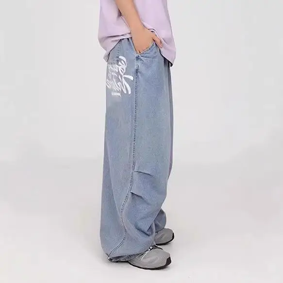 Loose Women's Knife  Denim Jeans American High Street Style Spring 2025 Wide Leg Straight Cut Trousers Casual Cotton Work...