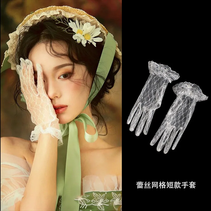 Wedding Flower Girl Glove Lace Rhinestone Bow Design Elegant Soft Gloves for Bride Adult Kid Birthday Party and Stage