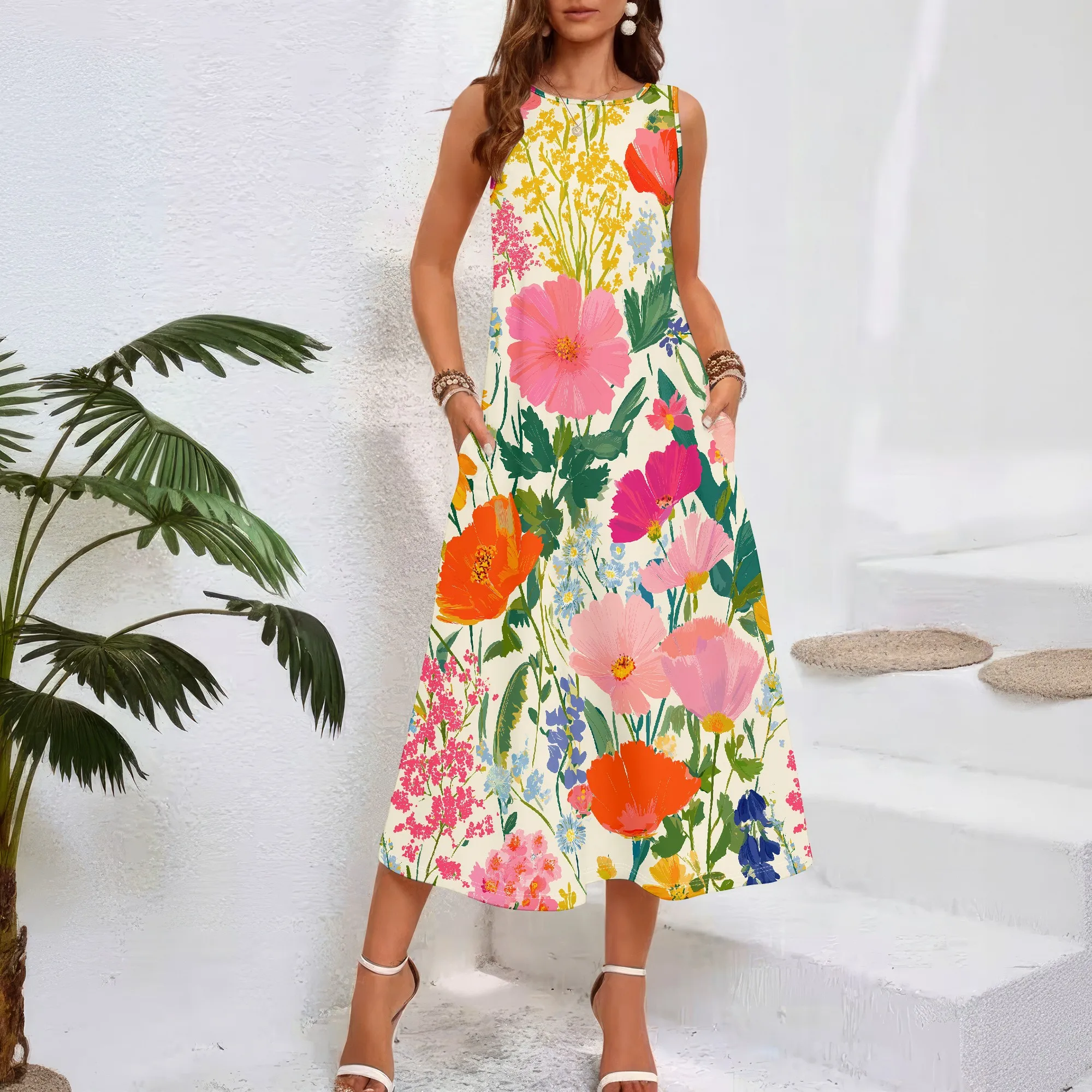 Sundress Midi Floral - Blumenmuster Ärmelloses Kleid, Lebhaft Bedrucktes Midi-Kleid,