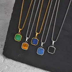 Mens Square Natural Stone Necklaces,Waterproof Stainless Steel Geometric Pendant Collar,Stylish Hip Hop Cool  Jewelry Gites