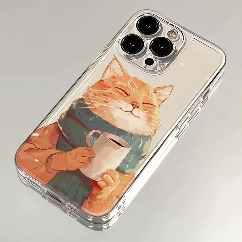 Cat With Cup of Tea Phone Case For iPhone 16 15 14 13 12 11 Pro XS MAX 7 XR 8 7 Plus Clear Cover Fundas