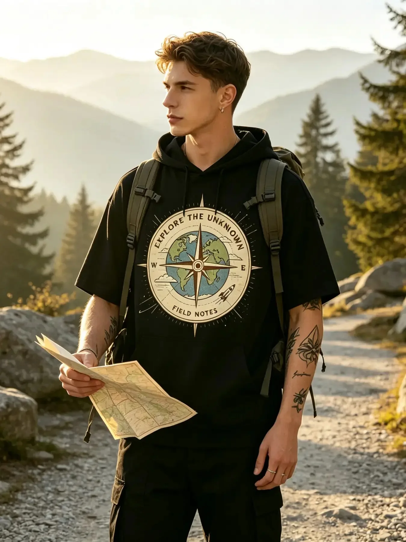 Men's Short Sleeve Hooded T-Shirt, Explore The Unknown Compass World Map Graphic Hoodie Tee, Relaxed Fit Adventure Outdoor Streetwear Pullover Top