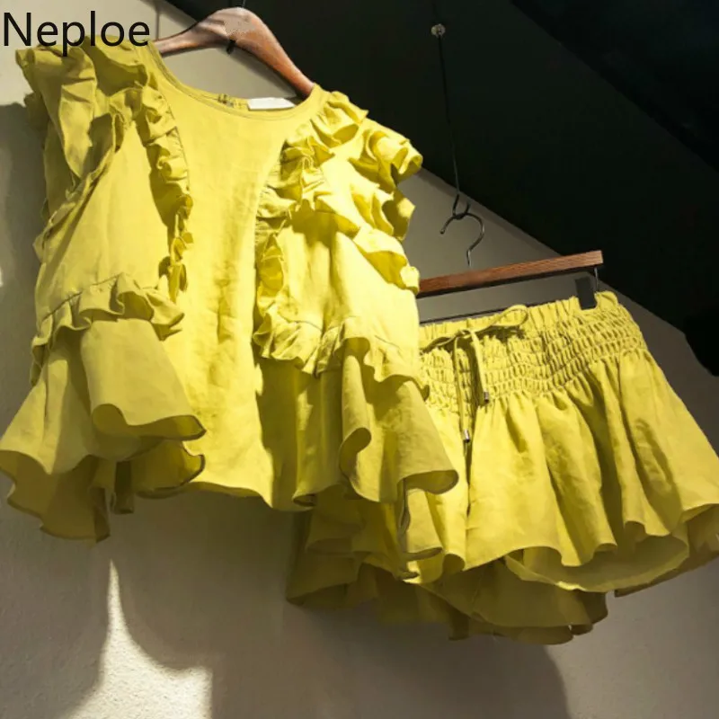 Neploe-女性のノースリーブTシャツとストレッチウエストショーツ、韓国のカンバニ衣装、夏のファッションスーツ、2ピースセット、フリル、2024