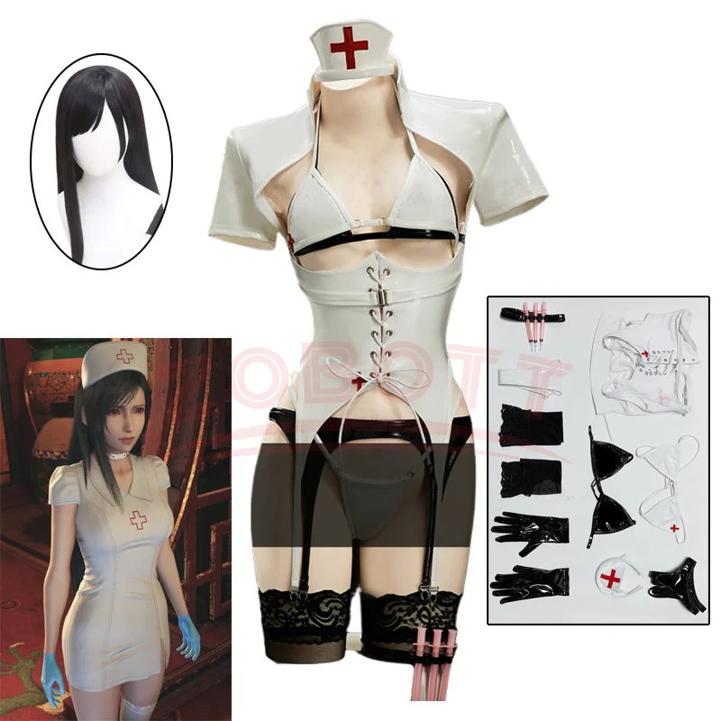 

Аниме Белая униформа медсестры Косплей Fina lFa ntsy VII Тифа Костюм Игра Точный наряд Полный комплект с париком Женская вечеринка на Хэллоуин