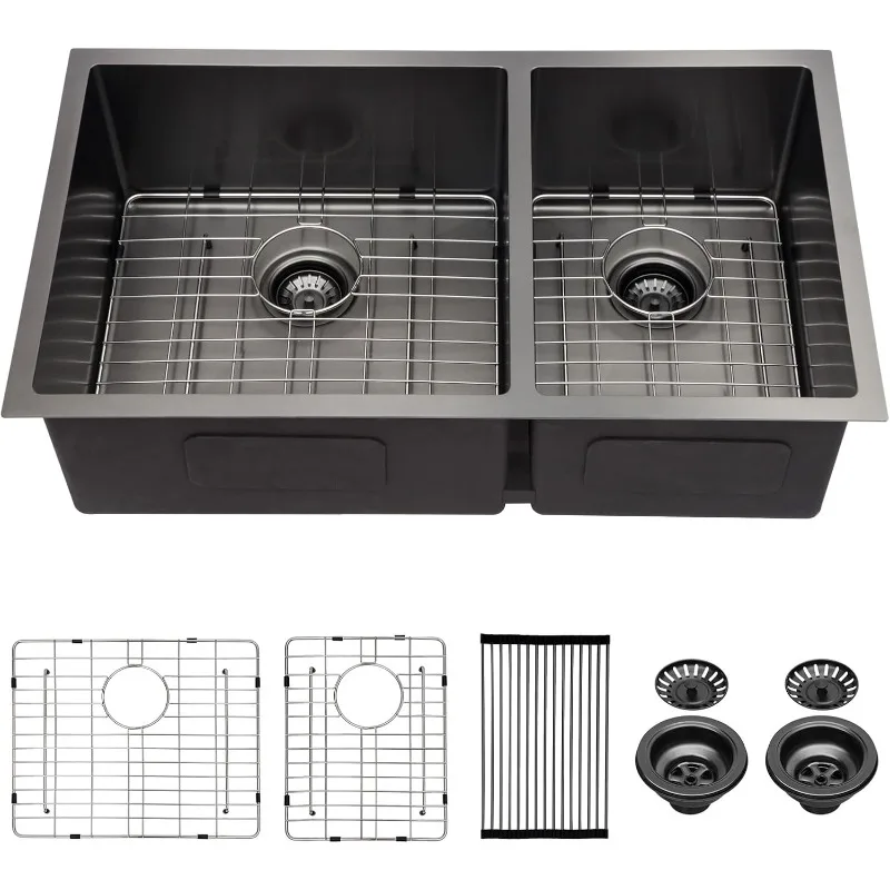 

Gunmetal Black Double Bowl Kitchen Sink16 Gauge Stainless Steel Sink Undermount Double Basin 60/40