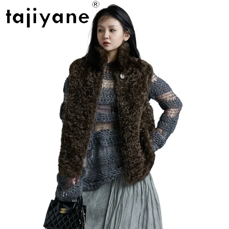 TAJIYANE 100% Lacon Sheep Shearling Coat Woman Curry Fourrure Femme Coats Slim Fit Real Fur Jacket Sleeveless Outerwear Шуба