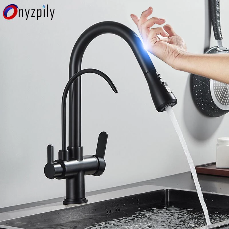 Onyzpily Black Touch/NO Sensor Kitchen Faucet Pull Out Sink Faucets Hot Cold Mixer Pure Water Tap Deck Mounted Taps Dual Handle