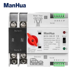 ManHua MATCS-100E/2P 100A 220VAC Dual Power Automatic Transfer Switch PC Type Switch DIN-Rail Mounting Red Handle