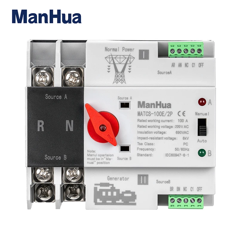 ManHua  MATCS-100E/2P 100A 220VAC  Dual Power  Automatic Transfer Switch PC Type Switch DIN-Rail Mounting  Red Handle