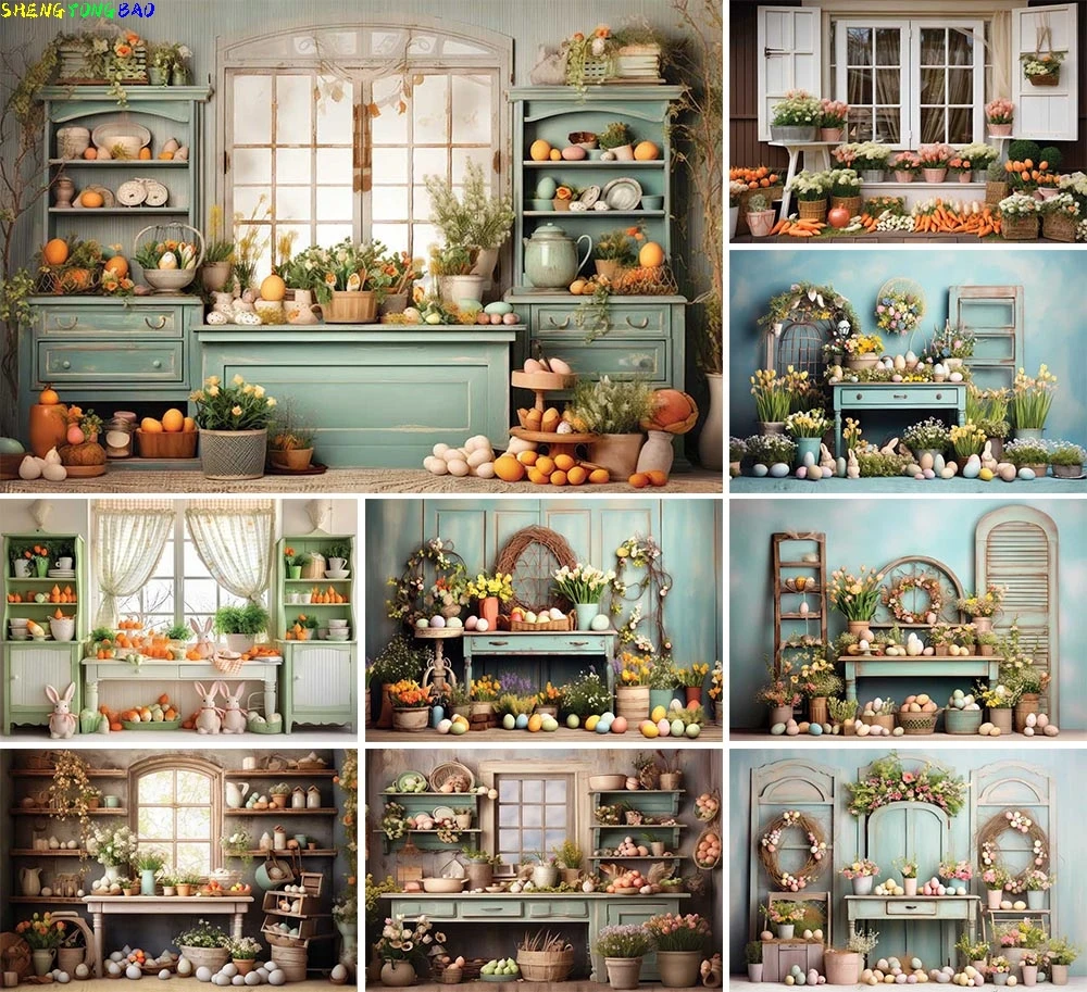 

Indoor Tent Children Birthday Photography Backdrops Props Happy Easter Day Rabbits Butterfly Eggs Flowers Photo Background TG-01