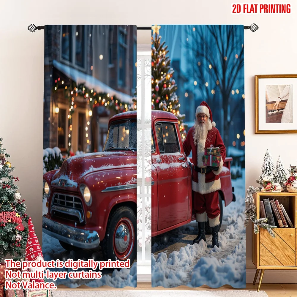 

2pcs 2D flat printing Christmas Curtains Santa Claus Christmas Truck Gifts Polyester Without Electricity Birthday Party Perfect