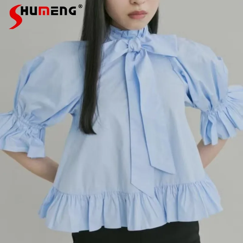 

New Japanese Rojita Style Blue Slim Fit Blouse New Streamer Big Bow Fungus Sweet And Cute Short-sleeved Shirt Blusas De Mujer