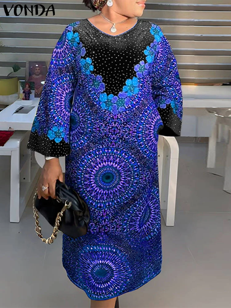 Plus Size VONDA Bohemian Maxi Dress Women Vestidos Casual Long Sleeve Floral Printed O-Neck Long Robe Elegant Holiday Sundress