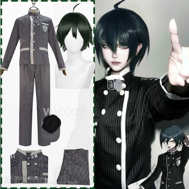 

Anime Game Danganronaaa Cosplay Saihara Shuichi Costume Dark Green Wigs Detective Stripe Uniform Hat Halloween Party Customized