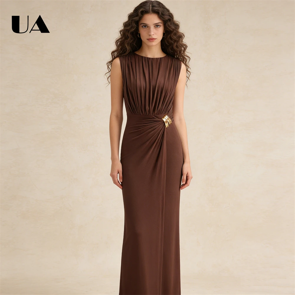

ULBYANRY Wrinkled Slim Fit Long Dress, Fashionable Sleeveless Metal Decoration Solid Formal Dress Women's Fashion Maxi Gown