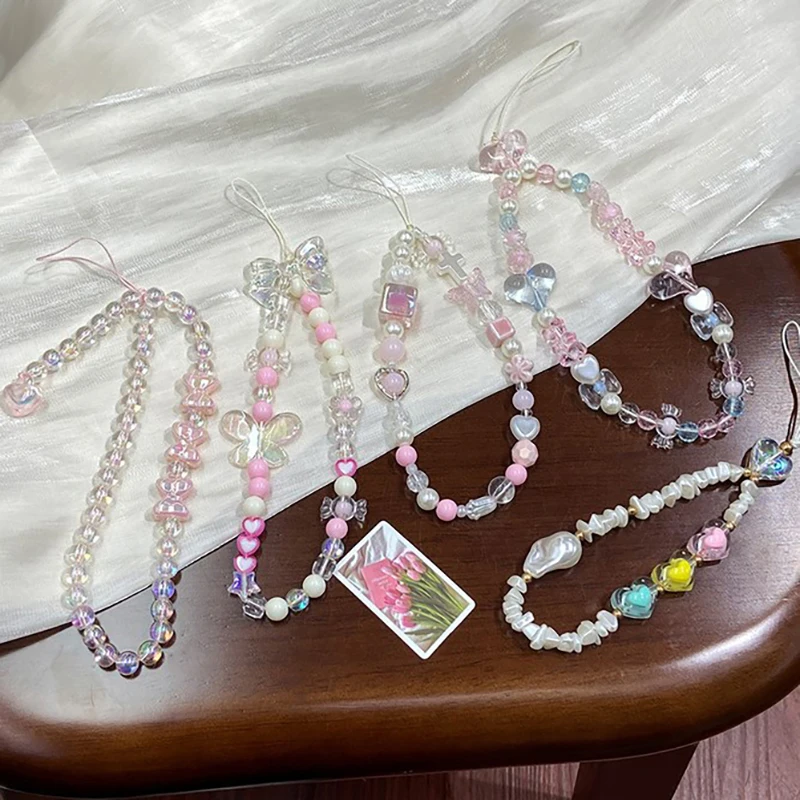 Korean Cute Charm Pink Butterfly Love Heart Phone Chain For IPhone Girl Women Jewelry Strap Beaded Lanyard Hanging Cord Bracelet