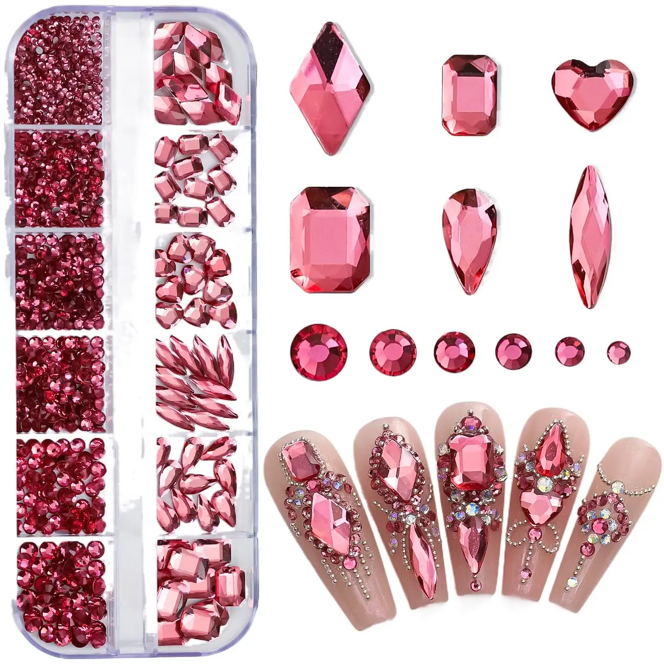 12 Grids Ice Translucent Pure Color Mix Shapes Flatback Diamonds Glass Nail Art Rhinestones Jewel Decorations Manicure Ornaments